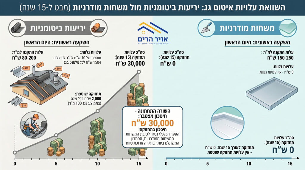 יריעות ביטומניות מביאות איתם עלויות תחזוקה גבוהות מאוד בטווח הארוך יחד עם הרבה התעסקות וכאב ראש
